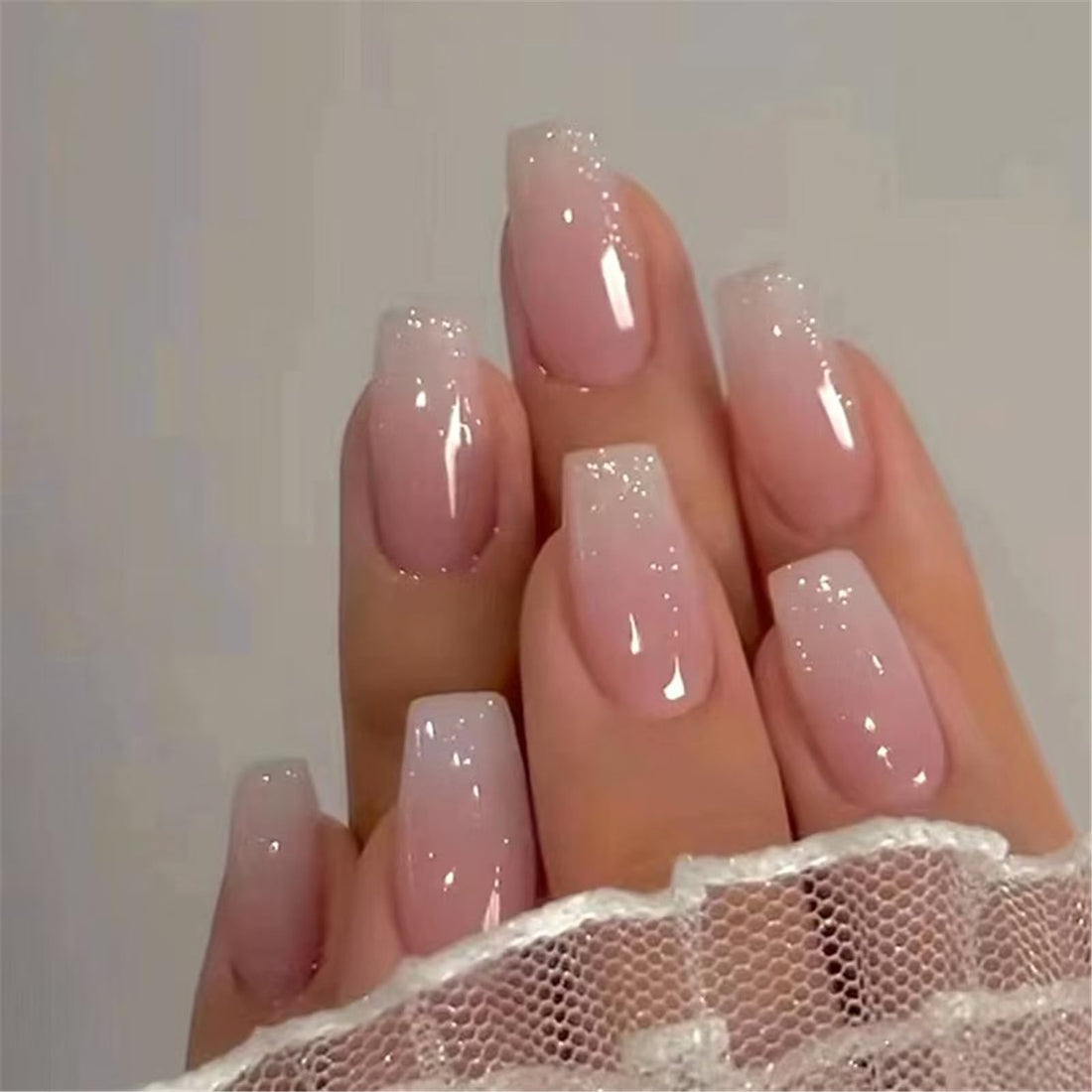 6 Packs (144 Pcs) Medium Press on Nails Coffin, Short Square French Tip Fake Set, Glue on 24pcs in Box, False Kit Stick on for Women