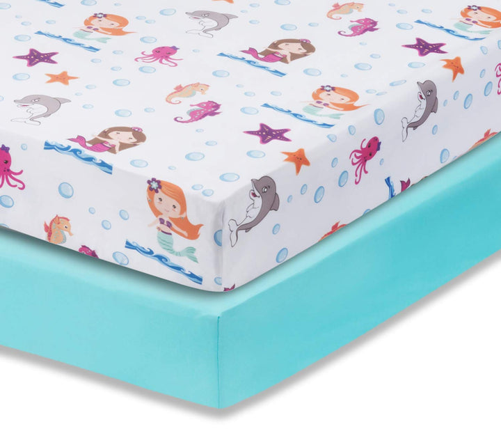 Everyday Kids 2 Pack Fitted Girls Crib Sheet, 100% Soft Breathable Microfiber Baby Sheet, Fits Standard Size Crib Mattress 28in x 52in, Nursery Sheet - Mermaid/Aqua
