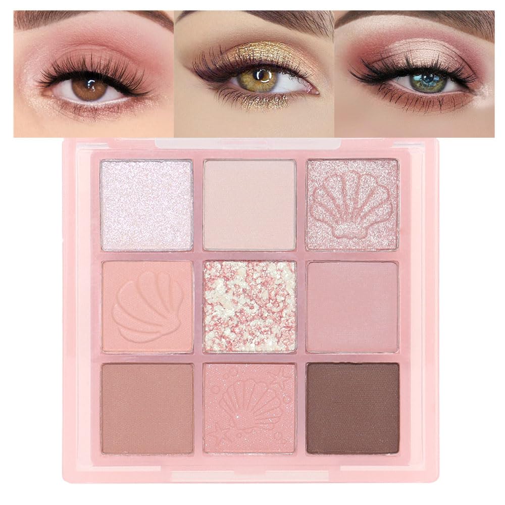 9Colors Nude Champagne Pink Warm Colorful Eyeshadow Palette Makeup,Matte Shimmer Neutral Bright Eye Shadow Naturing-Looking Long Lasting Waterproof Blendable Hypoallergenic Travel Size Eye Makeup