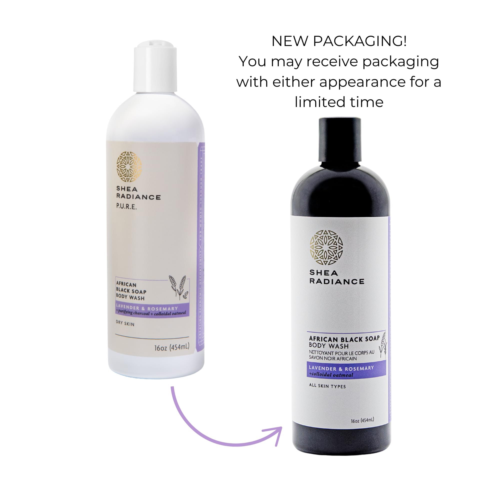 Shea Radiance African Black Soap Body Wash - Dry Skin, Eczema, Rashes, Blemish Cleanser | Lavender Rosemary (16 oz)