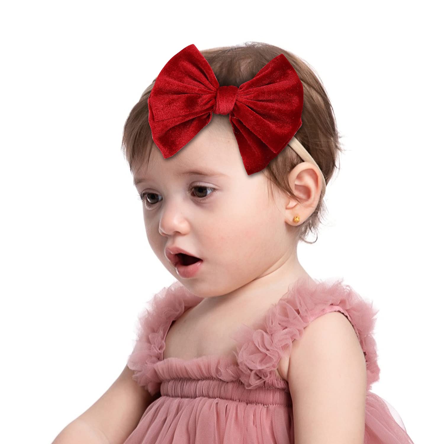 Cinaci 16 Pack Super Stretchy Thin Slim Nylon Headbands with Big Velvet Solid Knot Bow Hair Bands Accessories for Baby Girls Newborns Infants Toddlers Kids