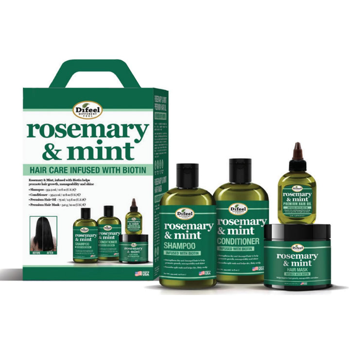 Difeel Rosemary & Mint Biotin 4-PC Box Set: Shampoo 12oz, Conditioner 12oz, Hair Mask 12oz, Hair Oil 2.5oz