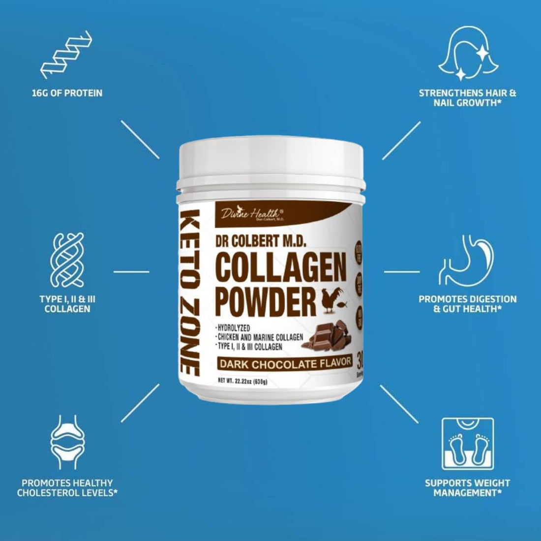 Divine Health Dr. Colbert MD Hydrolyzed Collagen Powder | Chocolate Flavor | Type I, II, III Chicken & Marine Collagen Peptides | Recommended in Keto Zone Diet Book Hair, Skin and Nails