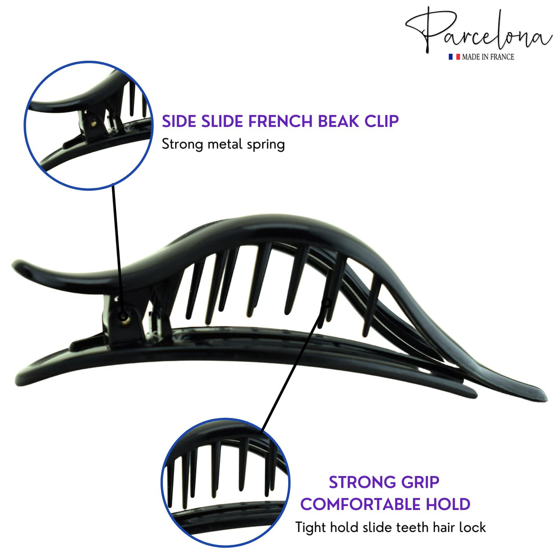 Parcelona France Wide Beak Celluloid Tortoise Shell Side Slide-in Hair Claw Clip (Black)
