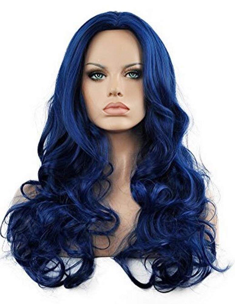 Kaneles Long Curly Wavy Blue Wigs for Women Ultra Soft Heat Resistant Fiber Party Cosplay Accessories (Blue)