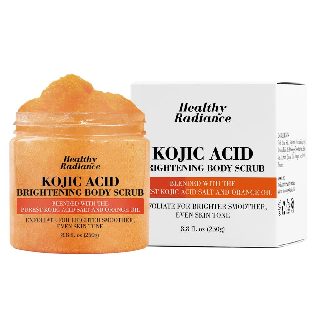 Kojic Acid Body Scrub - With Pure Kojic and Orange Oil | Natural Exfoliating Salt Body & Face Scrub-With Dead Sea Salt | Glycerin Grapeseed/Jojoba Oil- Brightens and Softens Skin 8.8 oz