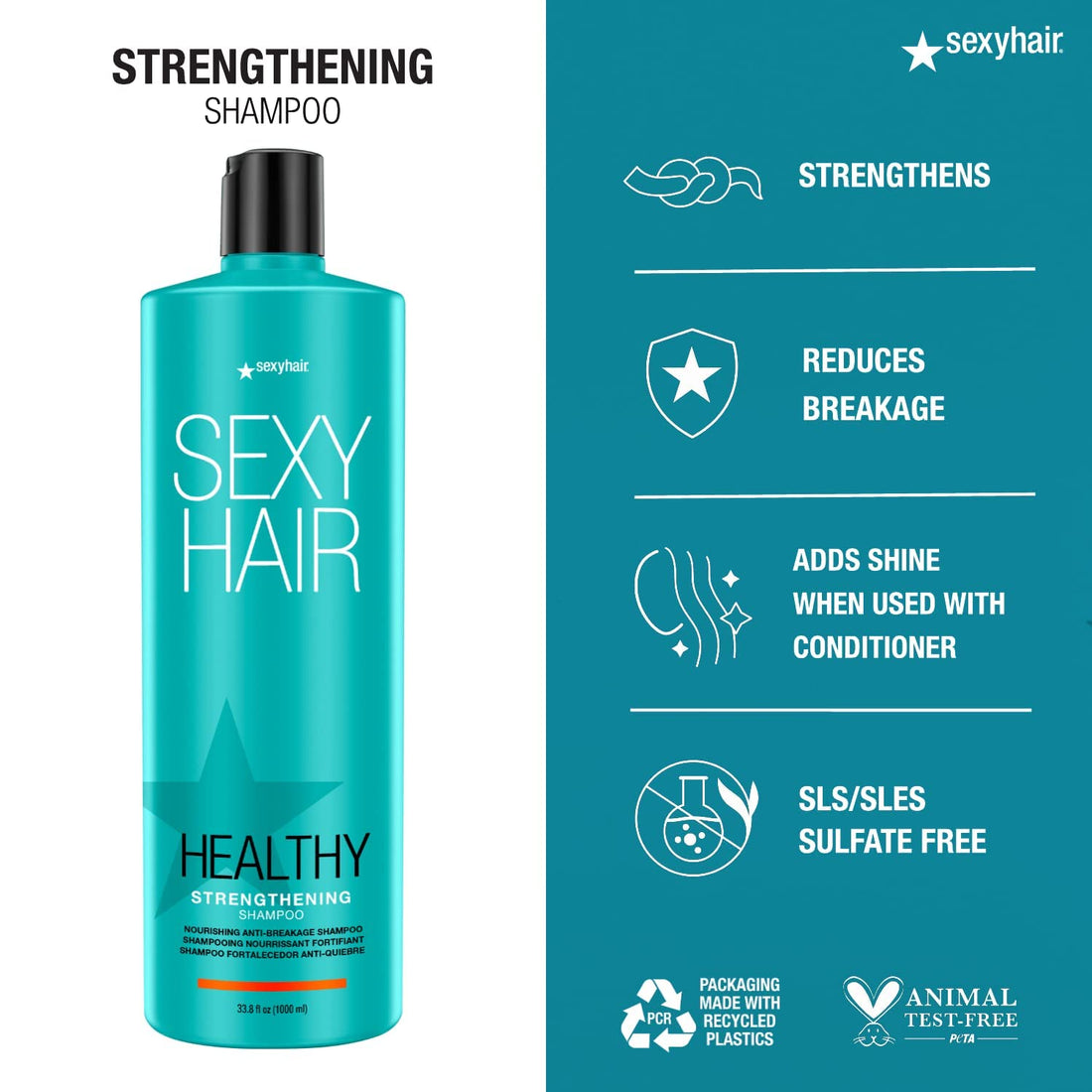 SexyHair Healthy Strengthening Anti-Breakage Shampoo, 33.8 Oz | Helps Provide Stength and Flexibility to Damaged Hair | SLS and SLES Sulfate Free