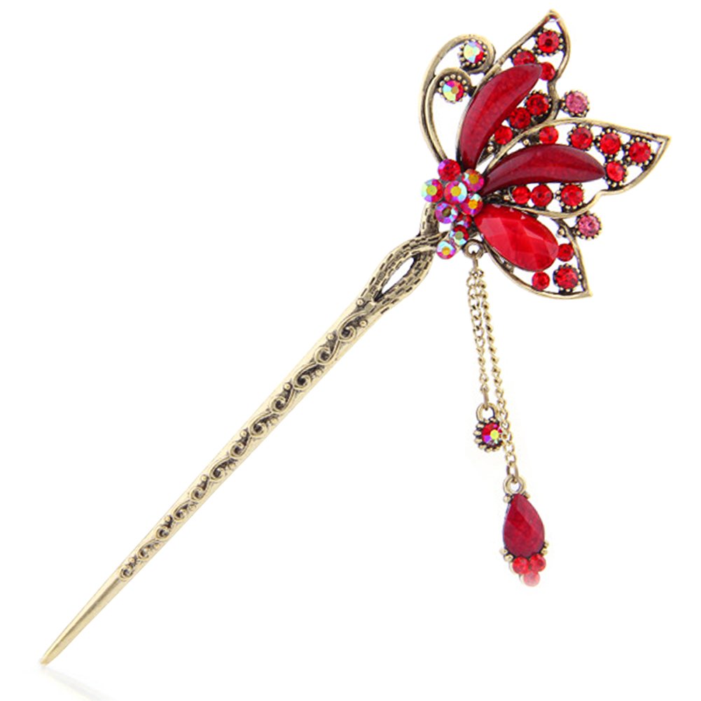 YOY Fashion Long Hair Decor Chinese Traditional Style Women Girls Hair Stick Hairpin Hair Making Accessory with Butterfly, Red