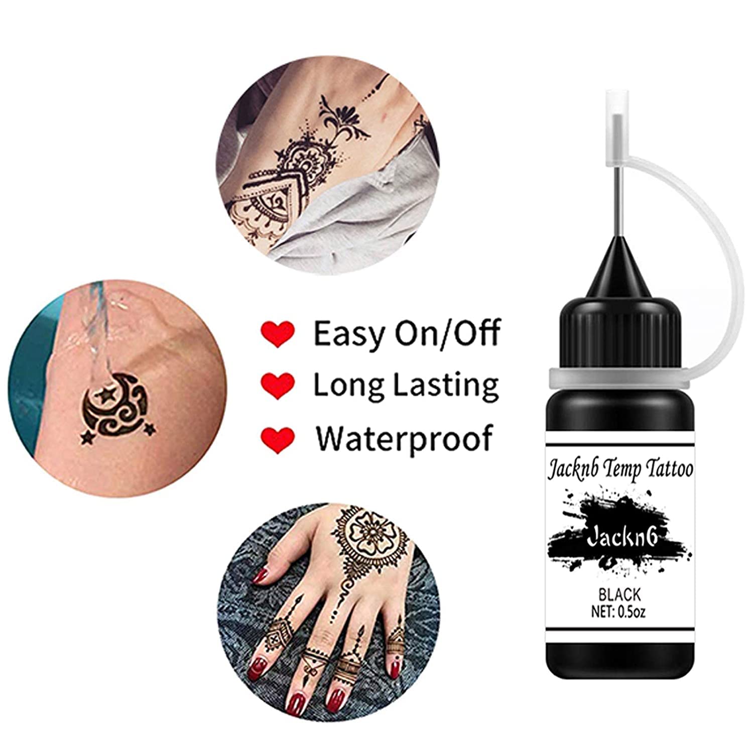 Jacknb Temporary Tattoo Kit, Semi Permanent Tattoo Jagua Gel Freehand Ink Temp Tattoos for Women Kids Men Body Art Painting DIY Fake Tattoos Freckles 40 Pcs Tattoo Stencils - 2 Bottles (1oz)