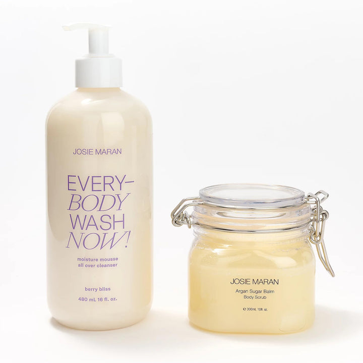 Josie Maran Sugar, Suds & Everything Nice Body Care Set - Includes EveryBODY Wash Now! and Argan Sugar Balm Body Scrub to Nourish & Exfoliate Skin - Berry Bliss (2 Count)