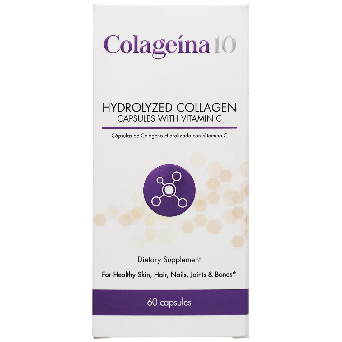Colageina 10 Hydrolyzed Collagen Capsules with Vitamin C - Anti-Aging Dietary Supplement for Healthy Skin, Hair, Nails, Joints, and Bones - 60 Count