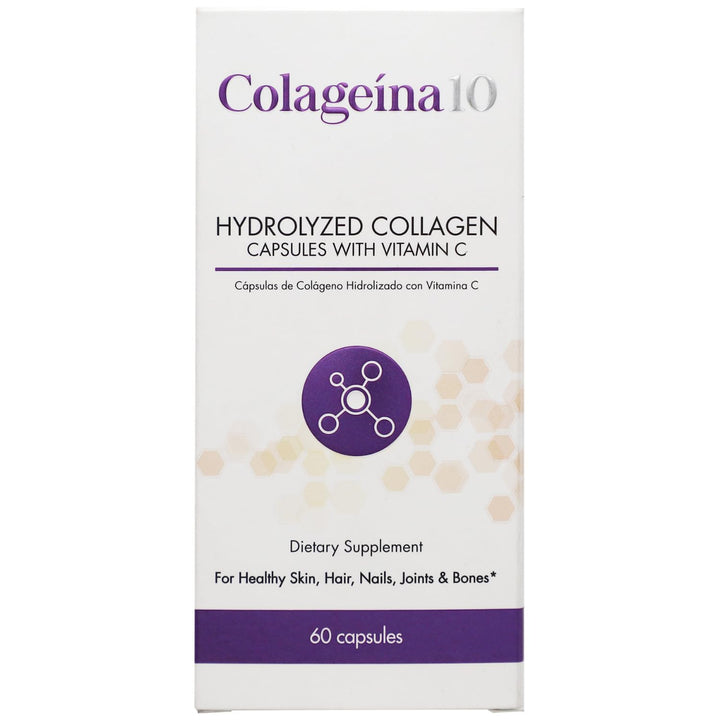 Colageina 10 Hydrolyzed Collagen Capsules with Vitamin C - Anti-Aging Dietary Supplement for Healthy Skin, Hair, Nails, Joints, and Bones - 60 Count