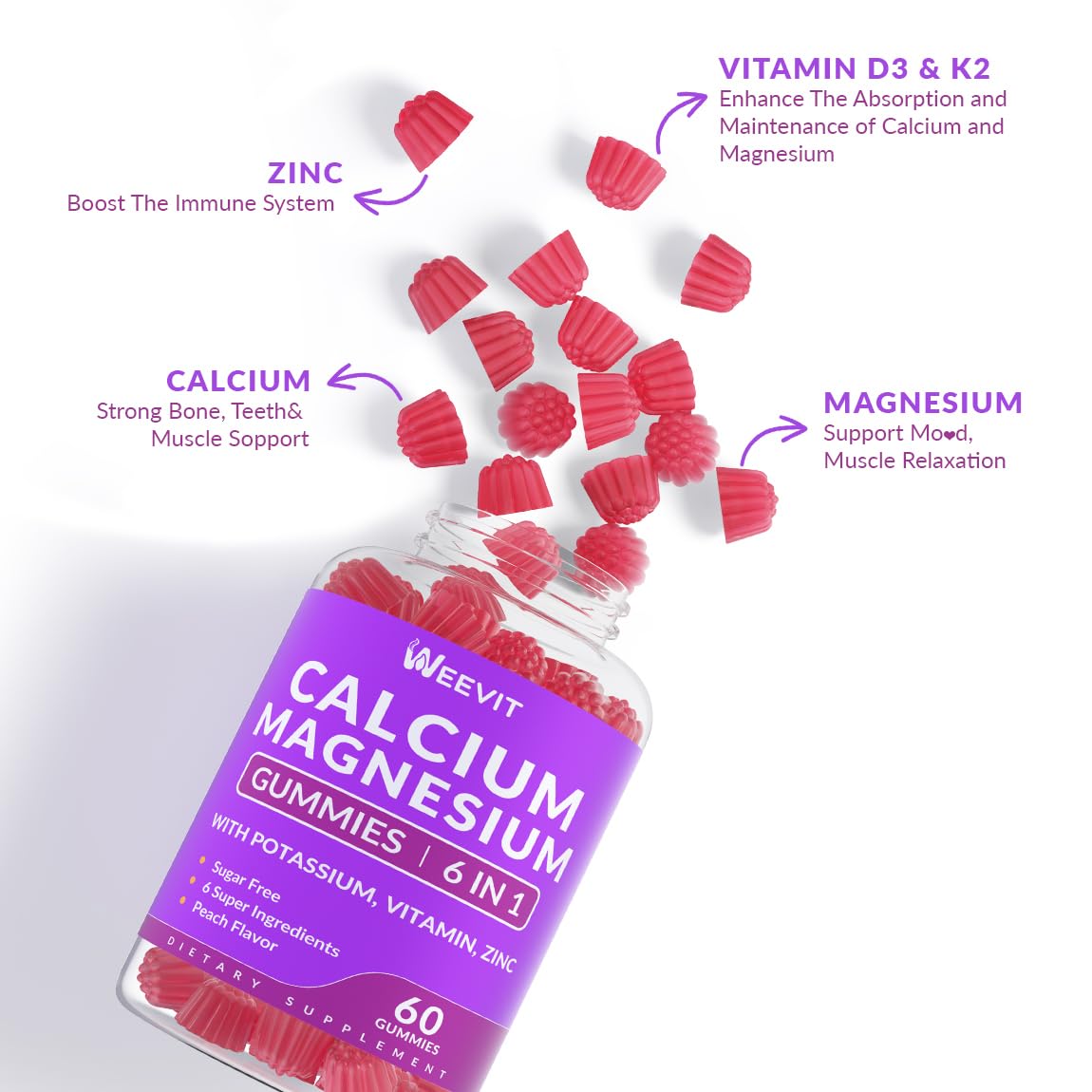 Sugar Free Calcium Gummies 600mg w/Vitamin D3 K2, Potassium, Calcium Magnesium Zinc Gummies for Bone, Muscle & Immune, Algae Calcium Magnesium 2:1 Ratio Calcium Supplement for Women & Men - Vegan
