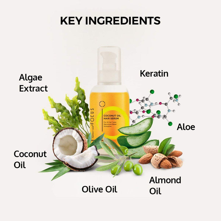 Perfect Hair Focus Coconut Oil Hair Serum - Infused with Raw Virgin Olive Oil, Sweet Almond, Keratin, Aloe and Algae Extract - Rejuvenate, Strengthen and Restore Hair to Natural Beauty - 50ml (1 Pack)