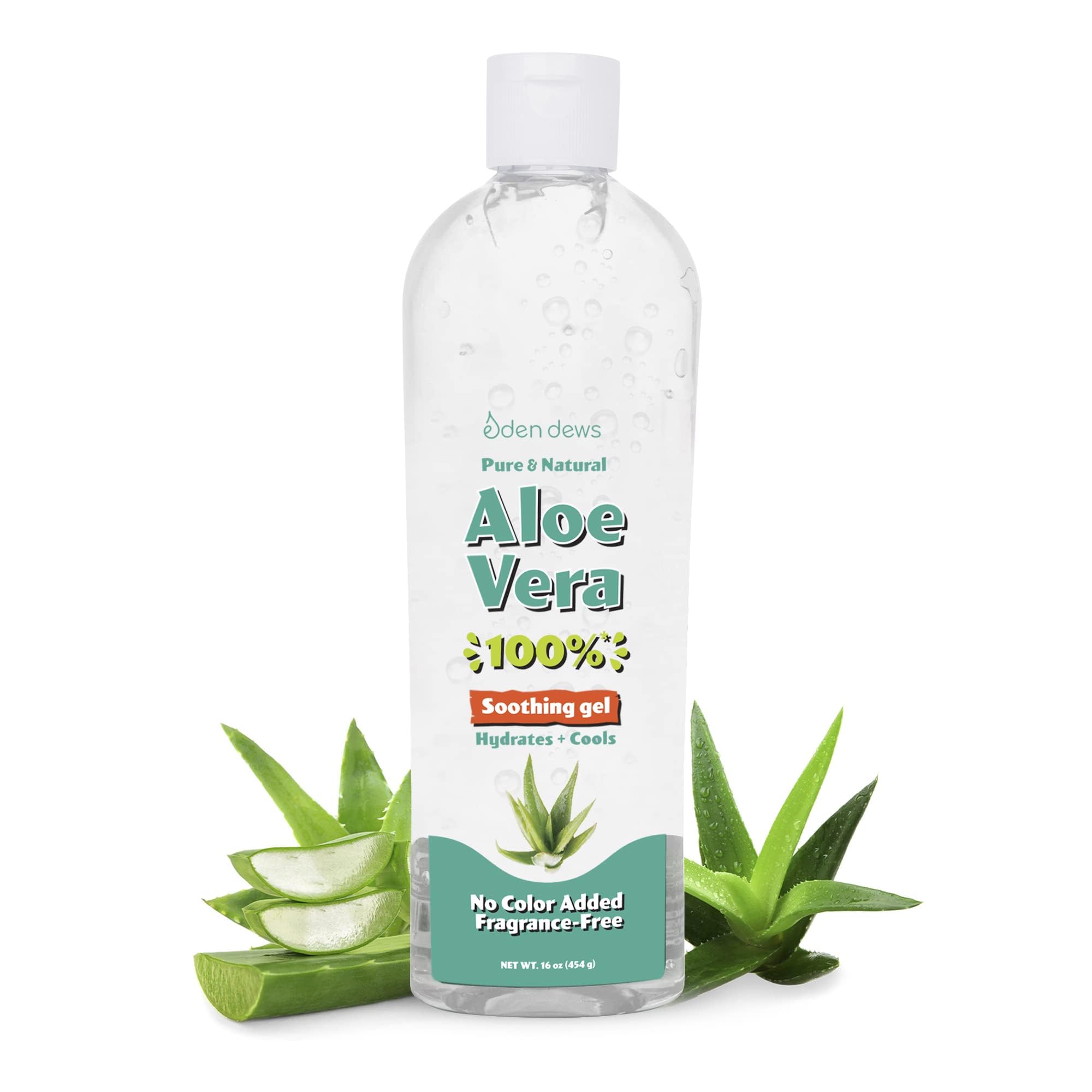 Eden Dews Organic Aloe Vera Gel 100% Pure & Natural Gel, Moisturizing, Face Skin & Hair Care, Sun Burn Relief, Hydrating & Soothing for Dry Skin Acne Razor Bumps, Made in USA, Unscented, 16 oz