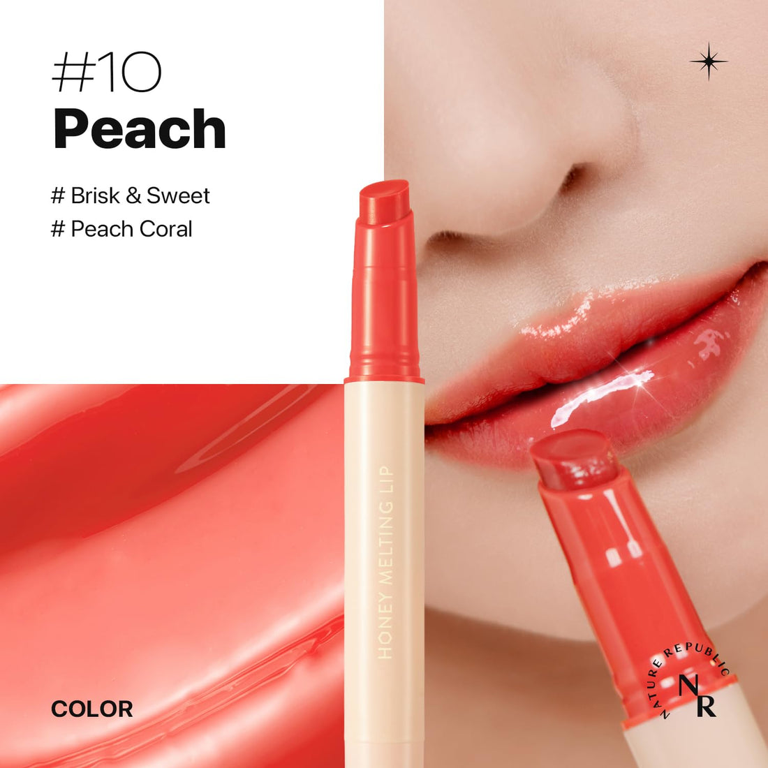 Nature Republic HONEY MELTING LIP (10 PEACH) SOFT LIP STICK, Hydrating Gloss, Moisturizing balms, Sheer tint, Shine & Glowy Finish, korean make up