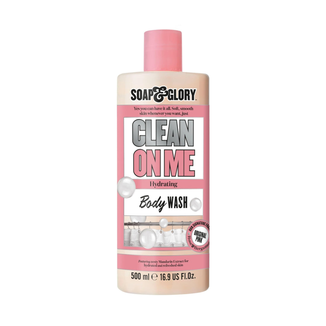 Soap & Glory Clean On Me Moisturizing Body Wash - Creamy Body Soap & Skin Cleanser with Built-In Body Lotion for Dry Skin - Bergamot & Rose Scented Body Wash for Women & Men (500ml)