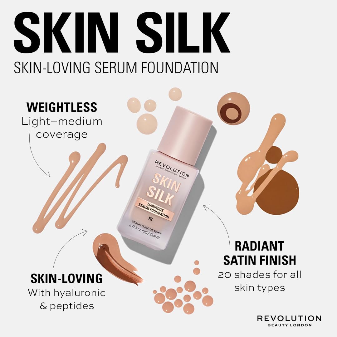 Revolution Beauty, Skin Silk Serum Foundation, Light to Medium Coverage, Lightweight & Radiant Finish, Contains Hyaluronic Acid, F4 Light Skin Tones, 0.77 Fl. Oz.