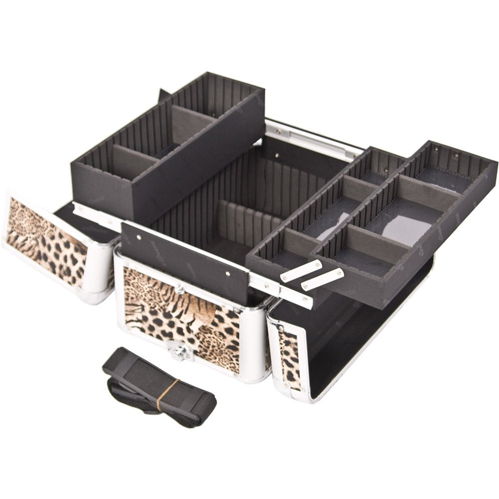 9.75 inch Brown Leopard Animal Print Interchangeable E Series 3 Extendable Customize Trays Aluminum Professional Makeup Artist Travel Train Case Cosmetics Storage Tote Organizer w/Shoulder Strap