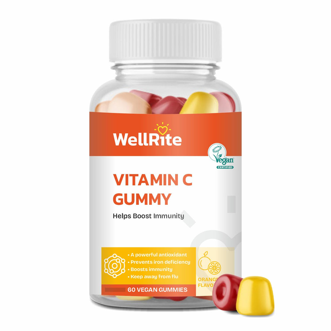 Wellrite Vitamin C Gummy Vitamins which Helps Boost Immunity, 60 Count, Orange Flavored, Vegan, Gelatin Free, Gluten Free, Nut Free, Boosts Immunity, Antioxidant, Prevents Iron Deficiency
