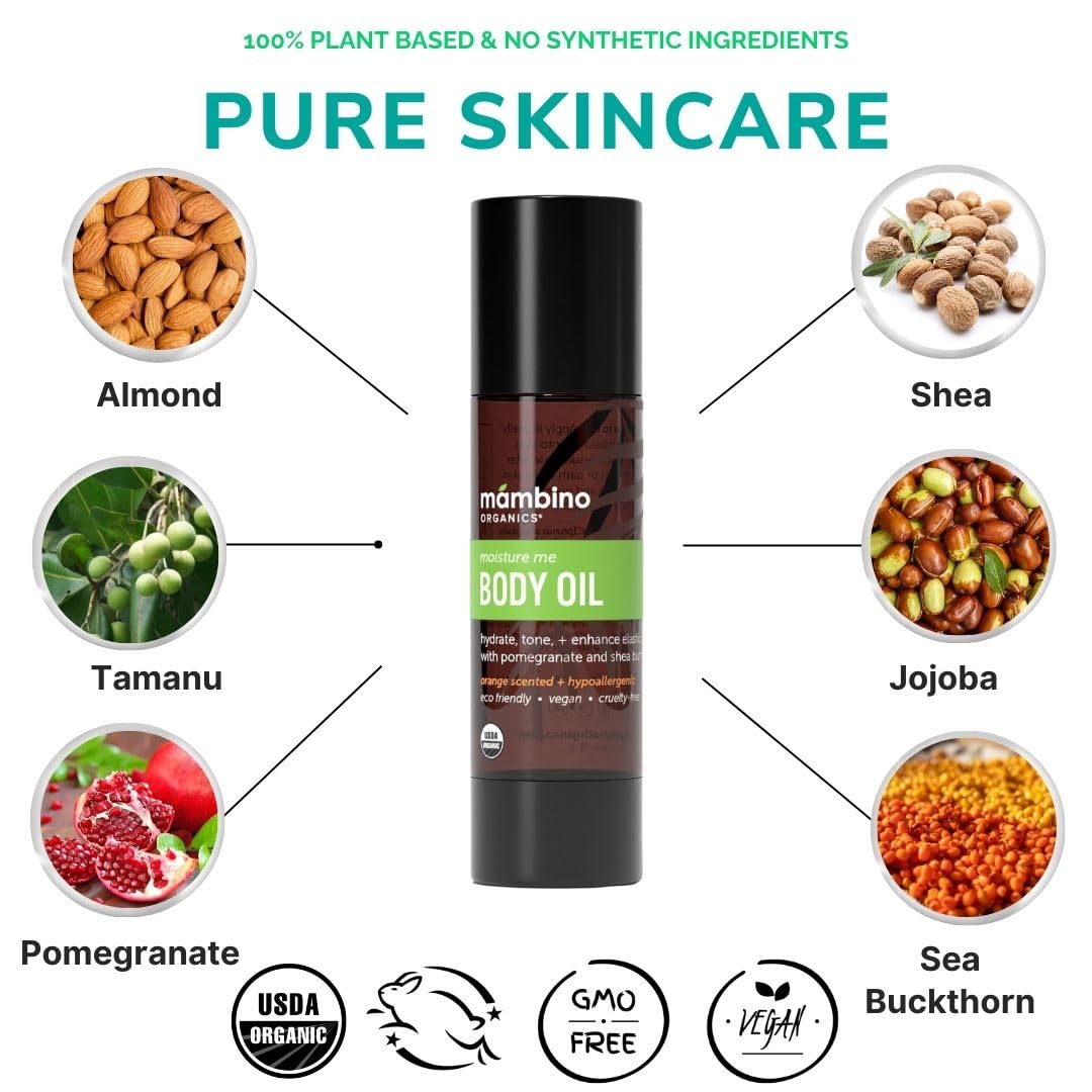 Mambino Organics Moisture Me Body Oil – Organic, Pure Blend of Dutch Shea, Spanish Almond & Turkish Pomegranate – Hydrate for Relaxed Skin – Cruelty-Free Skin Care, 2 fl oz