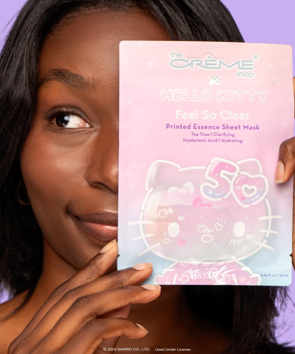 The Crème Shop x Hello Kitty Feel So Clear Printed Essence Sheet Mask, Clarifying and Hydrating Face Mask with Tea Tree and Hyaluronic Acid - 50th Year Anniversary Limited Edition - (Pack of 12)