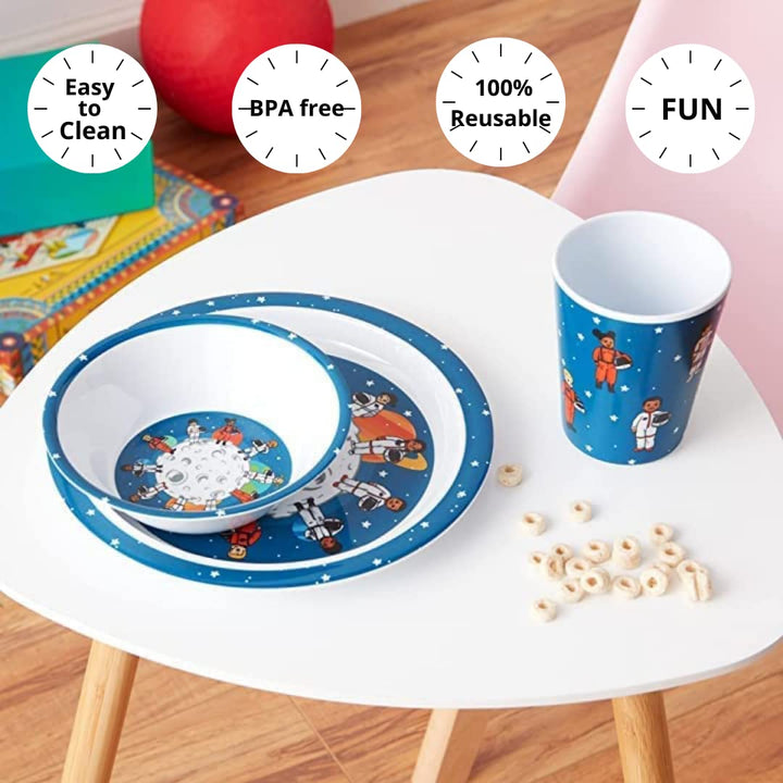 Colorfull Plates 3 Piece Kids Dinnerware Set, Space Themed, BPA-Free Melamine, Multicolor, Toddler Feeding Set