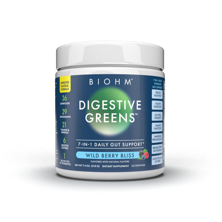 BIOHM Digestive Greens, Green Superfood Powder (7.4 Oz, 30 Servings) Immune & Gut Health Support with Antioxidants, Vitamins, Probiotics & Enzymes, Good Source of Fiber, Berry Flavor