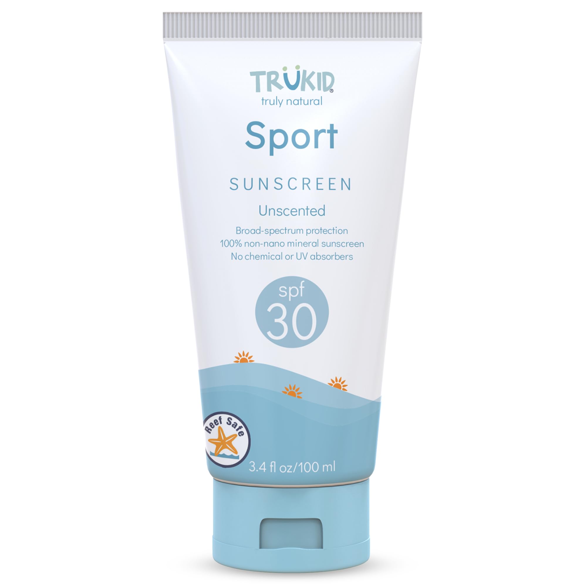 TruKid Sport SPF30 Unscented 3.4oz Natural Ingredients Kids Sunscreen, Reef-Friendly Travel Size, Beach Defense Sunscreen for Kids, Toddlers, Babies & Adults