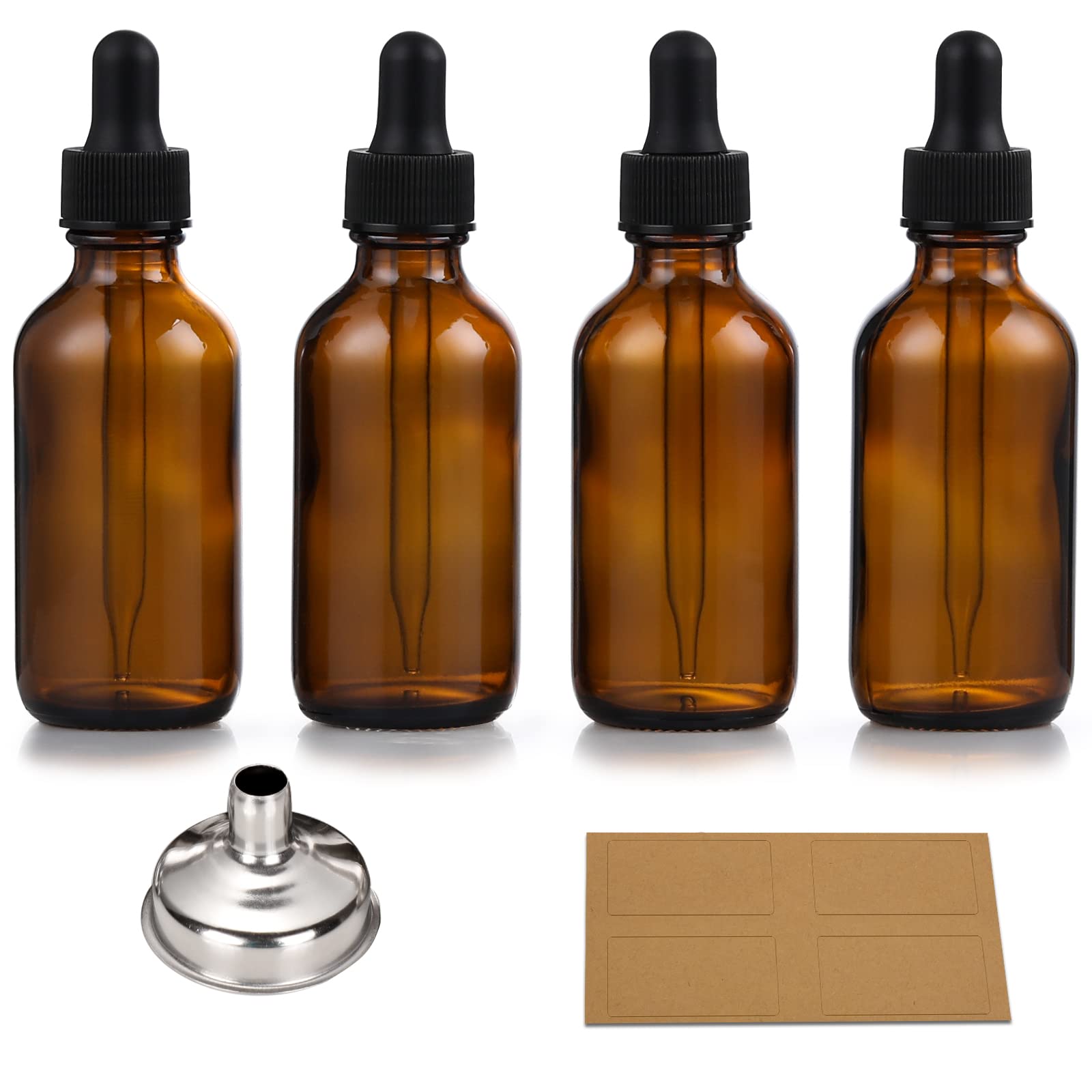 4 Pack, 1 oz Thick Dark Amber Glass Dropper Bottles with 1 Funnels & 4 Labels - 30ml Tincture Bottles with Eye Dropper - Leakproof Essential Oils Bottle - Storage and Travel for Beauty or Health
