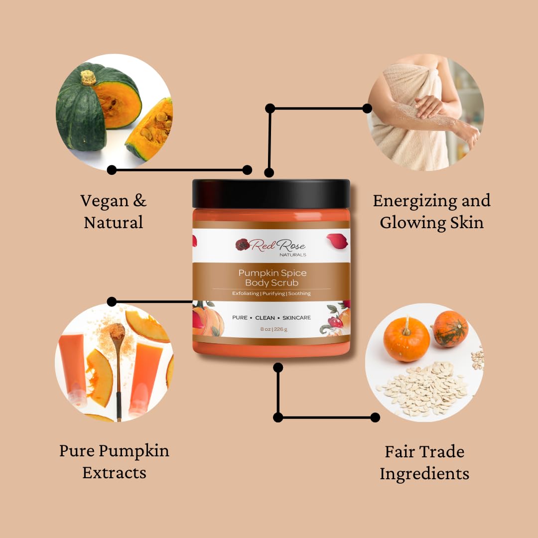 Red Rose Naturals Pumpkin Spice Body Scrub, All Natural, Gently Exfoliating, Fall Scented Body Care, Vegan Sugar Scrub,8 oz