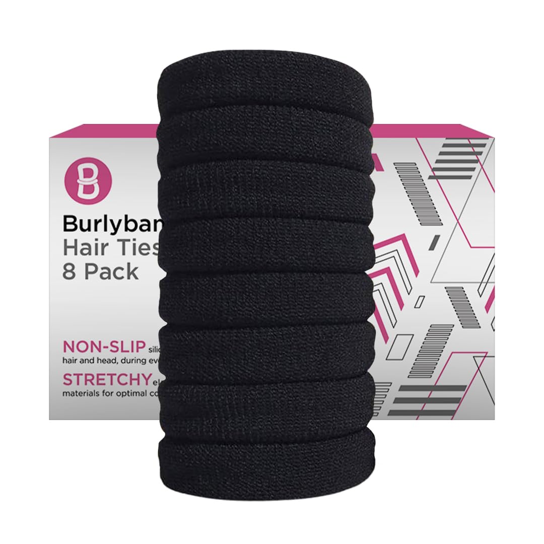 Burlybands Large Hair Ties for Thick Heavy or Curly Hair. No Slip No Damage Seamless Ponytail Holders Scrunchies Sports Thick Hair Ties (Black 8 Pcs)