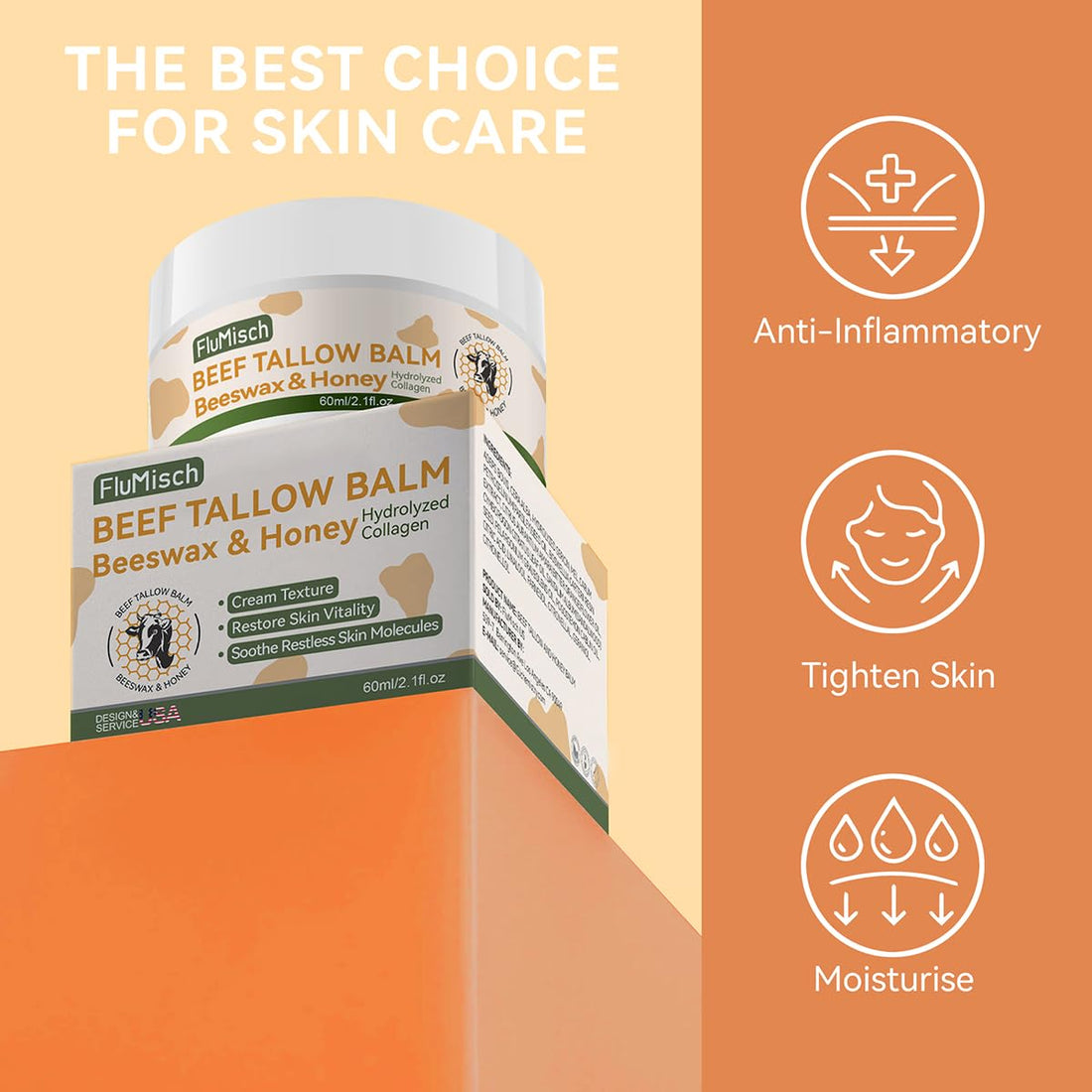 FluMisch Beef Tallow Moisturizer, Tallow and Honey Balm for Skin, Grass Fed Beef with Whipped Tallow Balm, Organic Raw Honey and Beeswax, Moisturizing Cream for Body Skin Care (60ml/2.1fl.oz)
