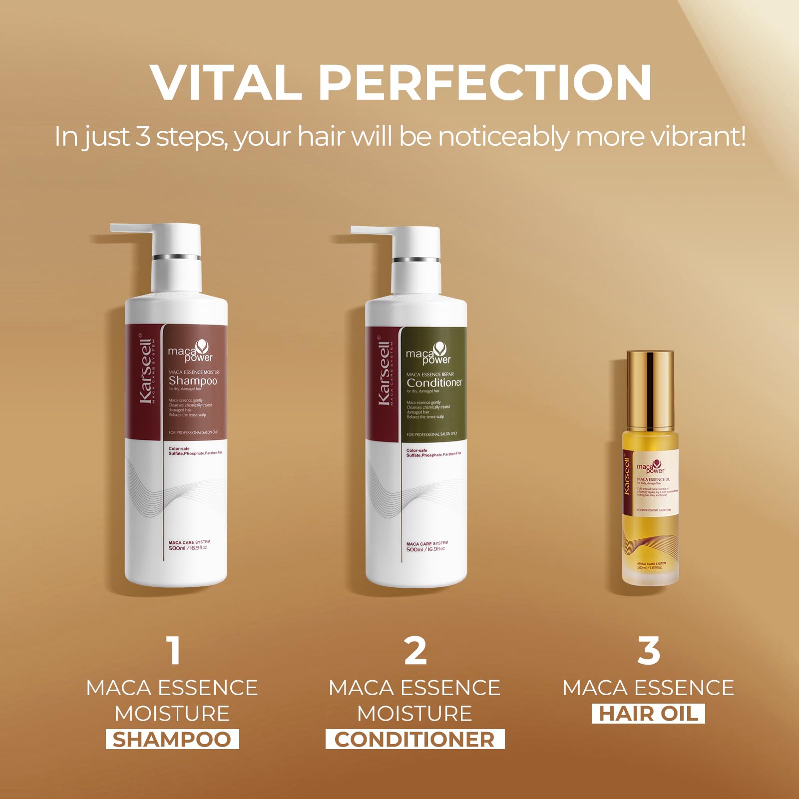 Karseell Collagen Hair Treatment Maca Essence Hair Care Set, Hair Oil Shampoo and Conditioner Set for Dry Damaged Hair All Hair Types 2 x 16.9fl.oz + 1.69fl.oz