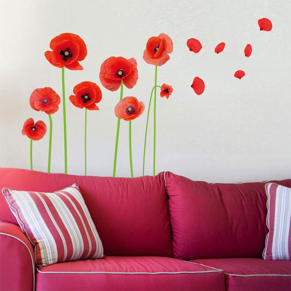 Esmee DIY Red Poppies Beautiful Flowers Vines Stick Wall Decals, Living Room Bedroom Children Room Nursery