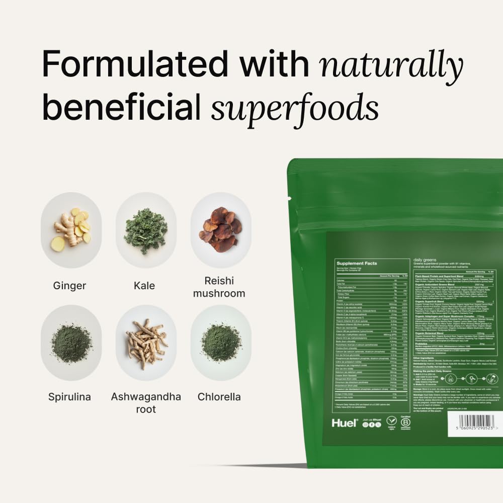 Huel Daily Greens | Superfood Greens Powder | 91 Vitamins, Minerals, and Wholefood-Sourced Ingredients | Adaptogens, Antioxidants, Gut-Friendly Probiotics | 30 Servings