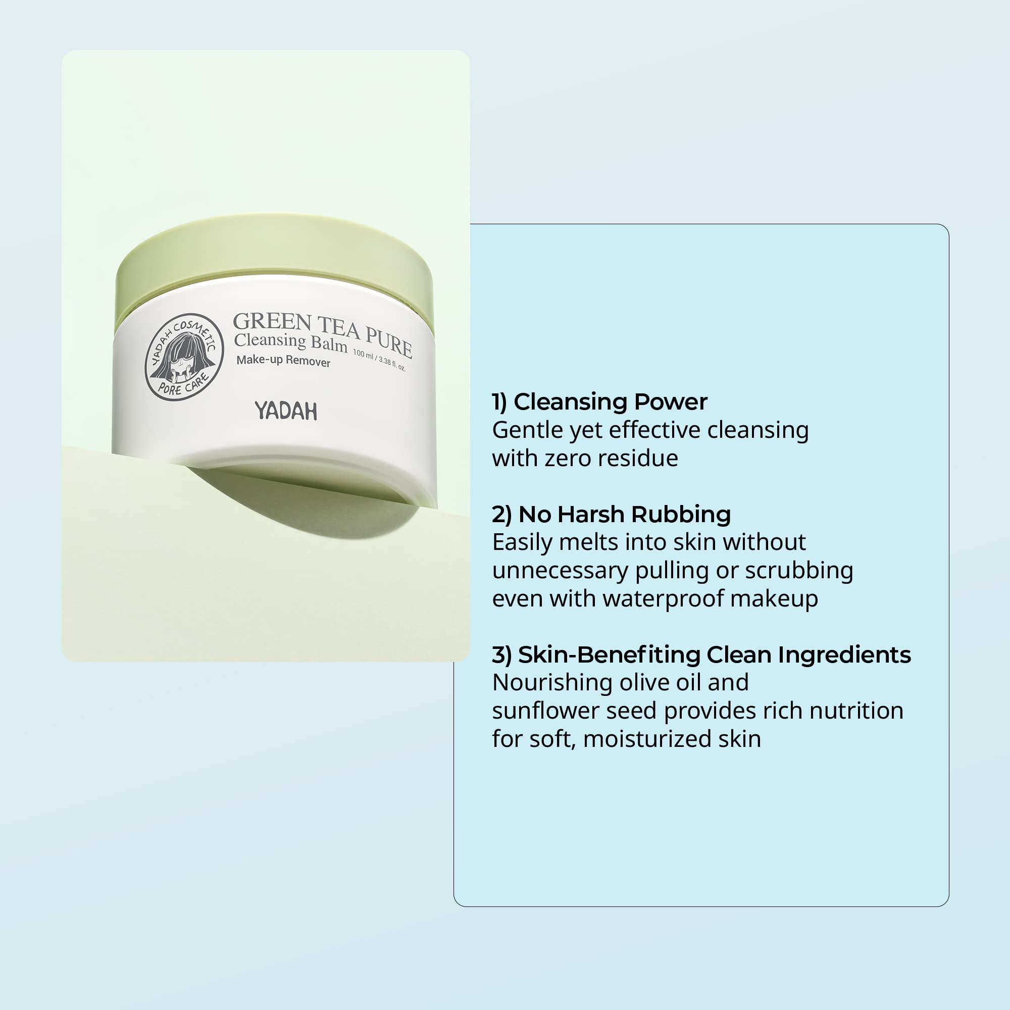 Yadah Green Tea Pure Cleansing Balm 3.38 Fluid Ounce, Hypoallergenic Make-up Remover Deep Cleanser Natural Ingredients No Irritation