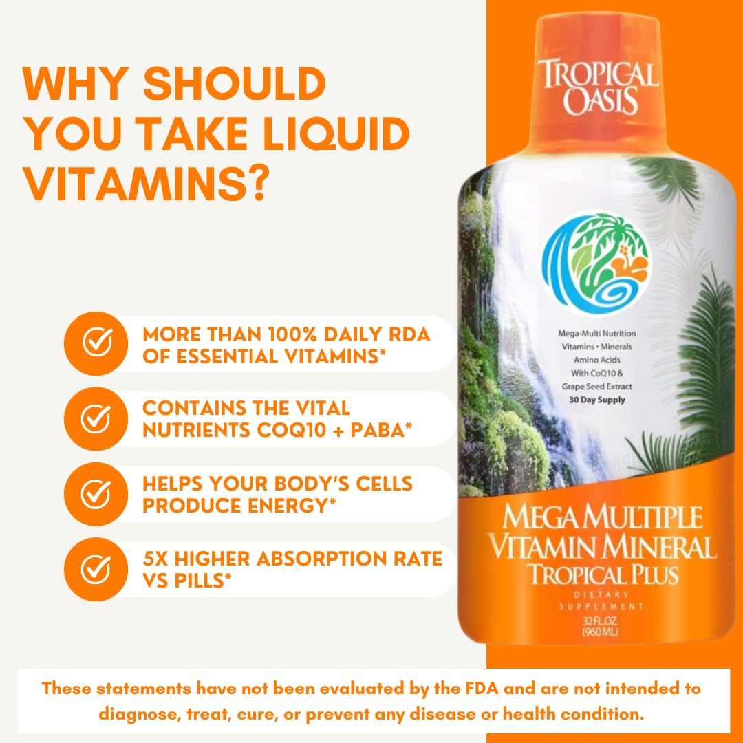 Tropical Oasis Mega Plus - Liquid Multivitamin and Mineral Supplement – Includes 85 Vitamins & Minerals, 20 Amino Acids + CoQ10, Grape Seed Extract & Organic Aloe Vera - 32oz, 32 Servings, 33460