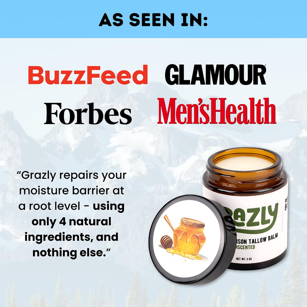 Grazly Unscented Manuka Honey & Bison Tallow Balm – 100% Organic, Grass-Fed Face & Body Moisturizer for Dry Skin, Acne-Prone Skin & Wrinkles – Ancestral Formula with Coconut Oil, Raw Beeswax – 3oz