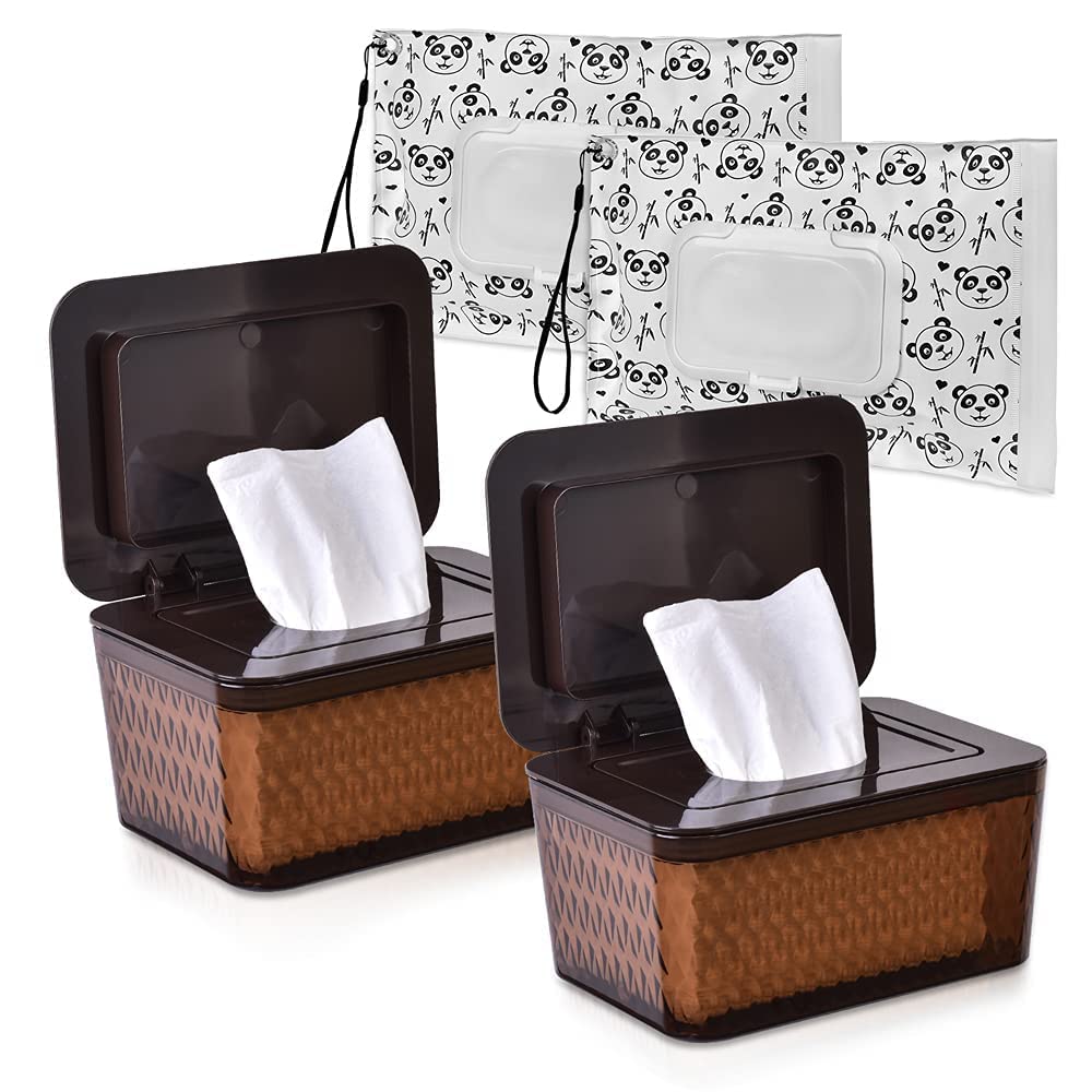 Umtiti Wipes Dispenser & Wipes Pouch/Tissue Bag, Wipes/Tissue Case with Moisture Seal Secure Lid, Non-Slip Rubber Feet & Sealing Design Keeps Wipes Fresh, Dustproof Wipes Container(2BN+2Panda)