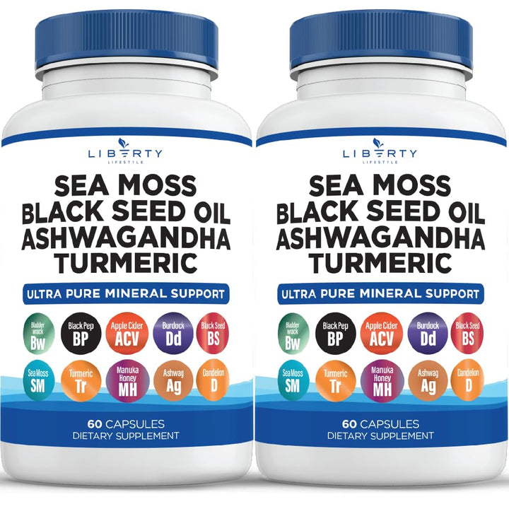 Liberty Lifestyle Sea Moss Black Seed Oil Ashwagandha Turmeric Bladderwrack Burdock - with Manuka, Honey Dandelion, ACV Black Pepper Gluten Free - 2-Pack