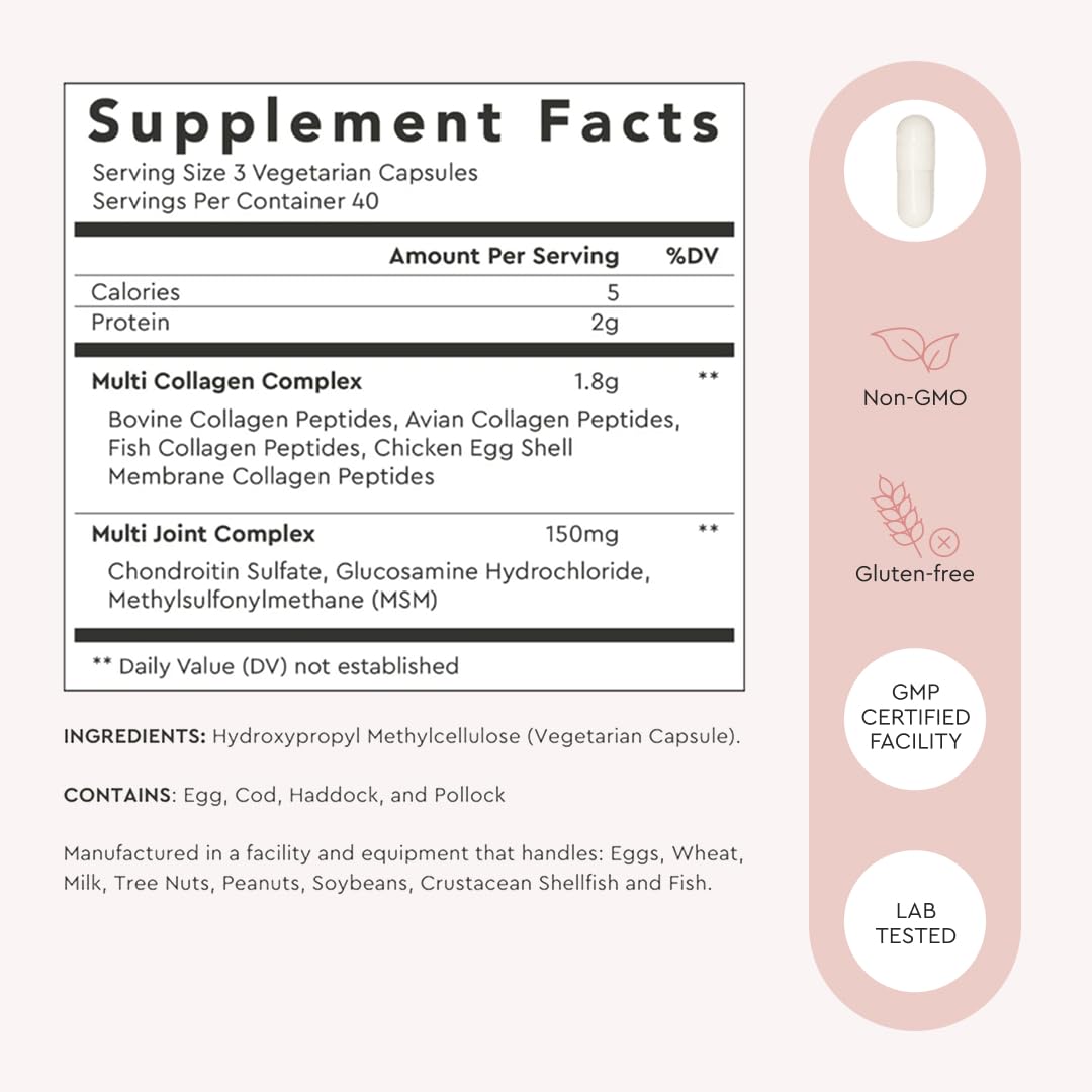 Alaya Naturals Hydrolyzed Multi Collagen Peptides Protein Capsules - Type I, II, III, V, X Grass-Fed Bovine, Chicken, Marine Collagen Supplement with MSM + GC (Capsules - 120 Count)