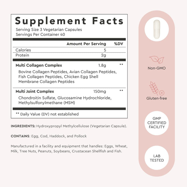 Alaya Naturals Hydrolyzed Multi Collagen Peptides Protein Capsules - Type I, II, III, V, X Grass-Fed Bovine, Chicken, Marine Collagen Supplement with MSM + GC (Capsules - 120 Count)