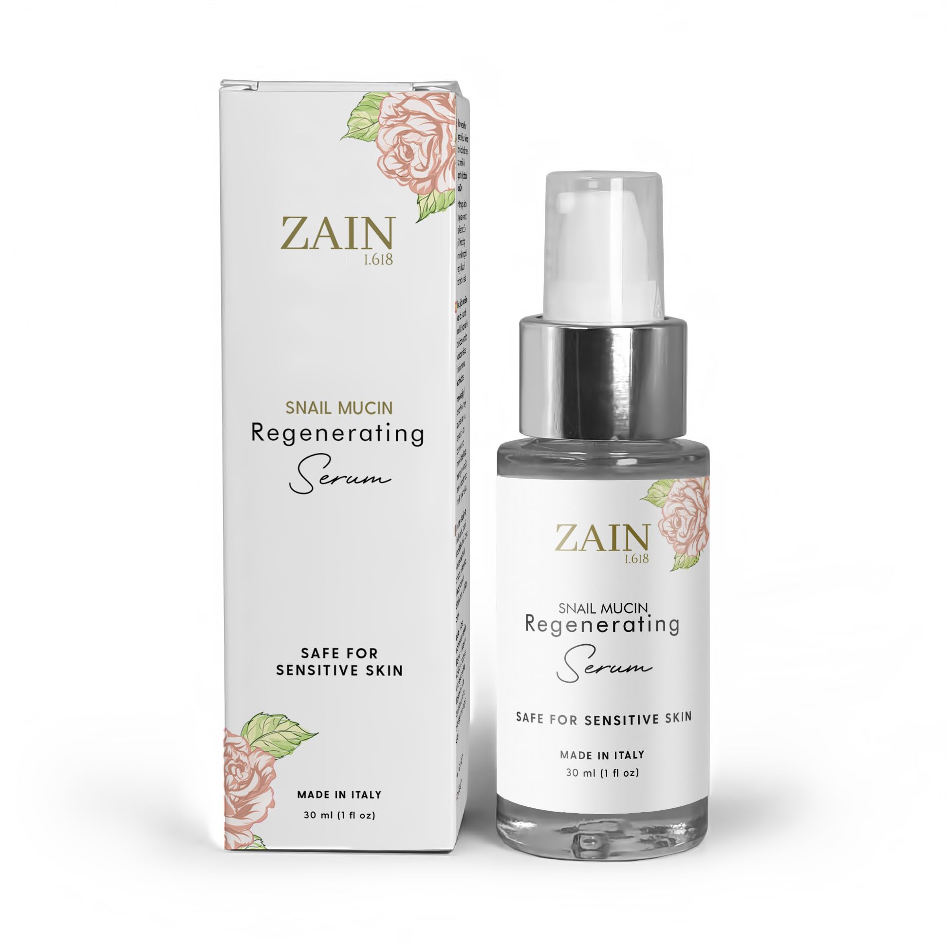 ZAIN1 Snail Mucin Regenerating Face Serum with Hyaluronic Acid and Damascus Rose for Anti-Aging, Hydration and Radiance
