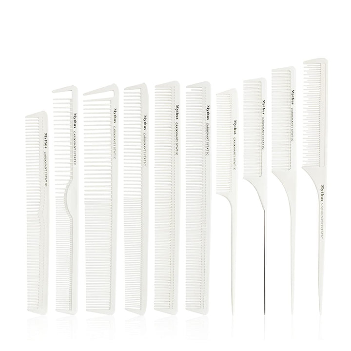 Mythus 10Pcs White Carbon Fiber Hair Combs Home Fine Cutting Set Professional Barber Hair Stylist Salon Hairdressing Comb Kit Tail Comb Antistatic Heat Resistant Hair Pick Comb for Men and Women