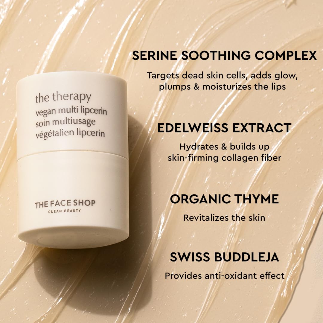 The Face Shop The Therapy Vegan Lip Butter, Moisturizing Lip Balm, Shea Butter & Sunflower Oil & Peptide, Lip Sleeping Mask for Sensitive Skin & Dry Cracked Lips, For Kids & Adults, Korean Skin Care