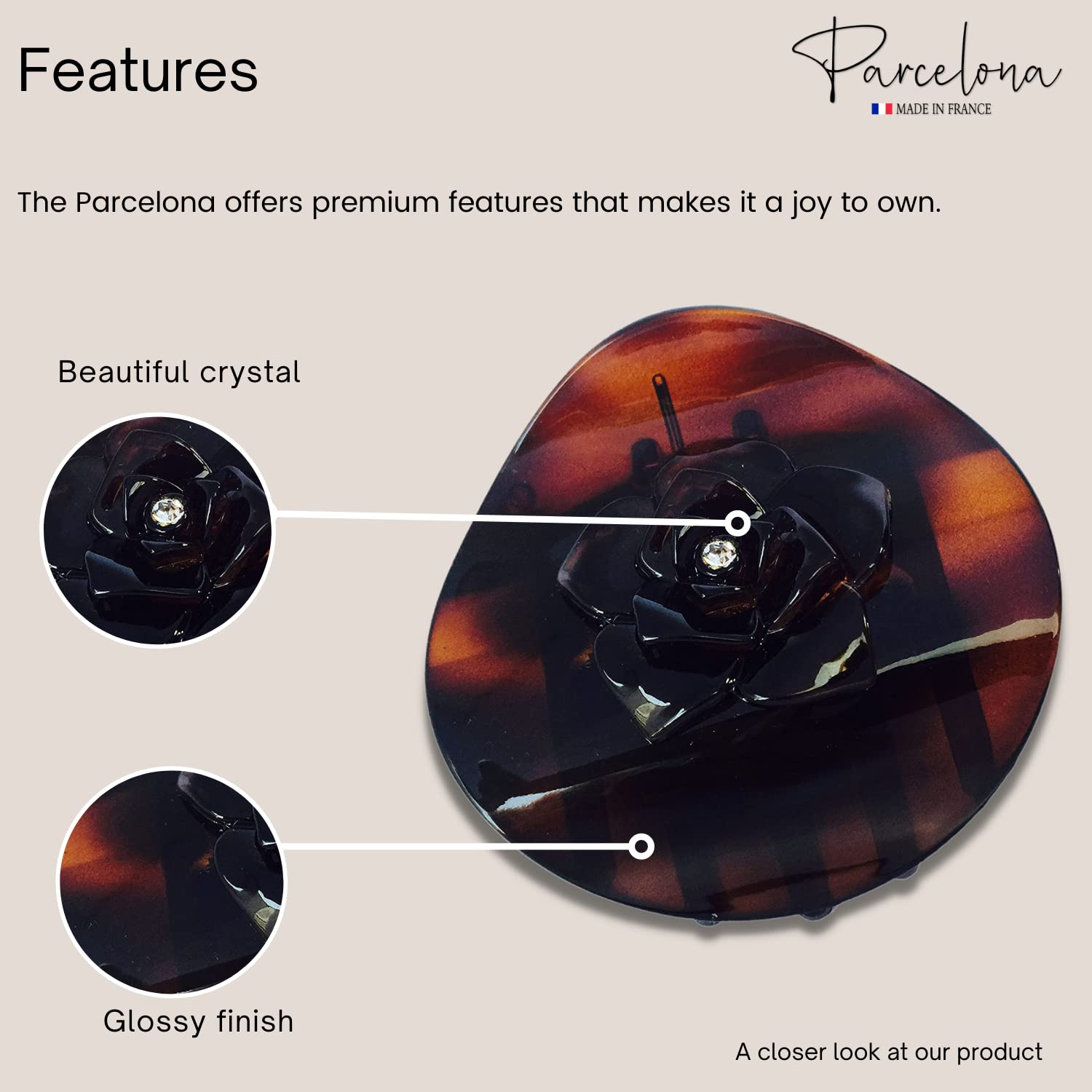 Parcelona French Onde Crystal Flower Shell Brown Round Celluloid Side Slide in Beak Style Hair Slider Claw Clip 2 3/4 Inch