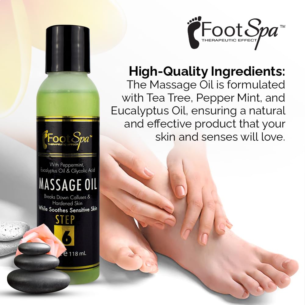 Foot SPA - Massage Oil, with Tea Tree, Pepper Mint, Eucalyptus Oil, 4 Oz - Professional Full Body Massage Therapy, Manicure, Pedicure - Relax Sore Muscles and Repair Dry Skin