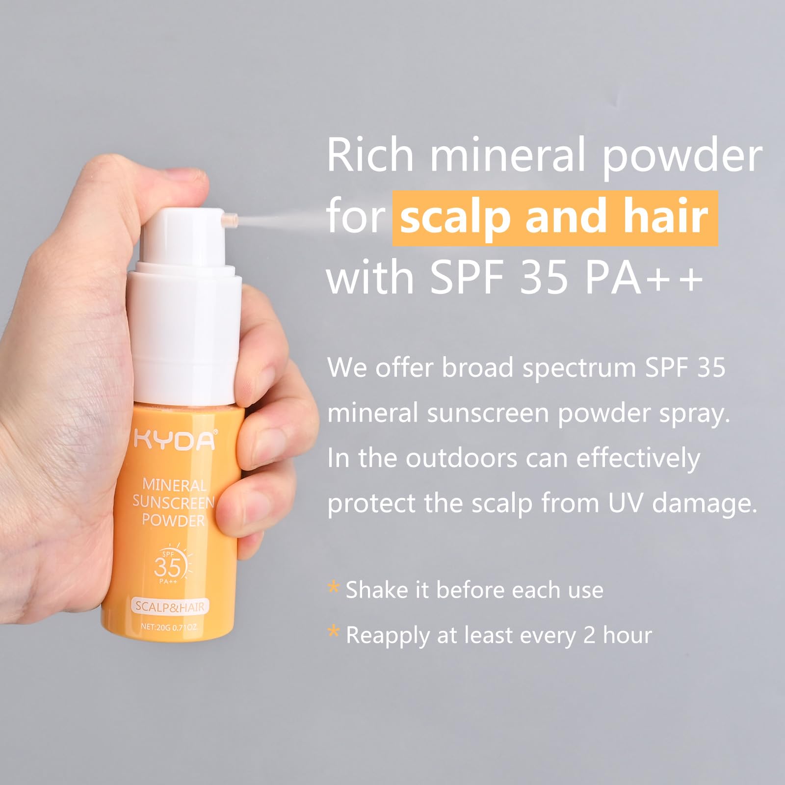 KYDA Mineral Dry Shampoo Sunscreen Powder, for Scalp and Hair, SPF 35 PA++, Scalp Sunscreen Powder, Broad Spectrum UV Protection, Lightweight, No-Greasy, 0.71 Oz.