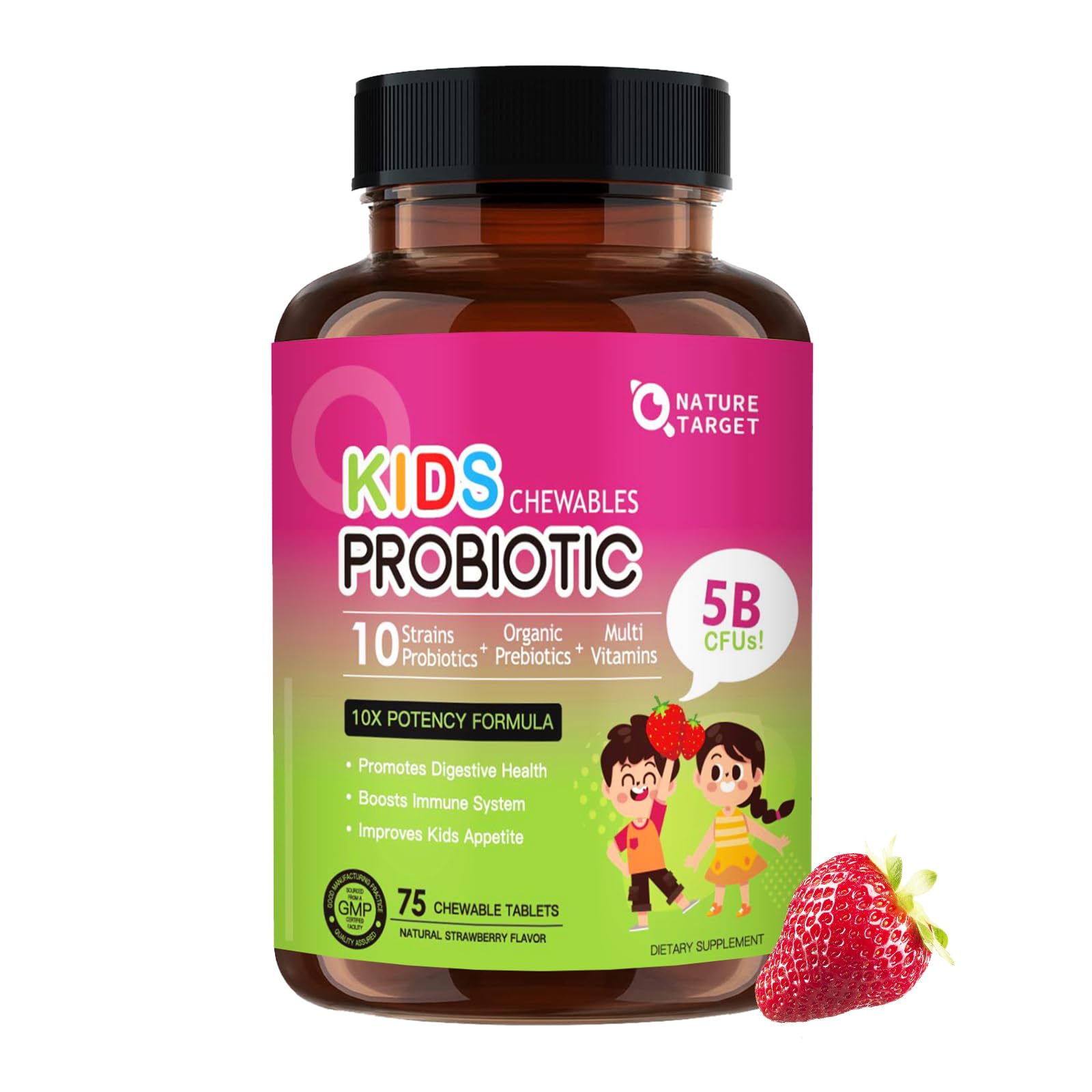 NATURE TARGET Kids Probiotic Chewable, 5 Billion CFUs Probiotics + Prebiotics for Ages 3+, Probiotics for Digestive Health, Immune Support & Appetite Booster, Natural Strawberry Flavor, 75 Servings